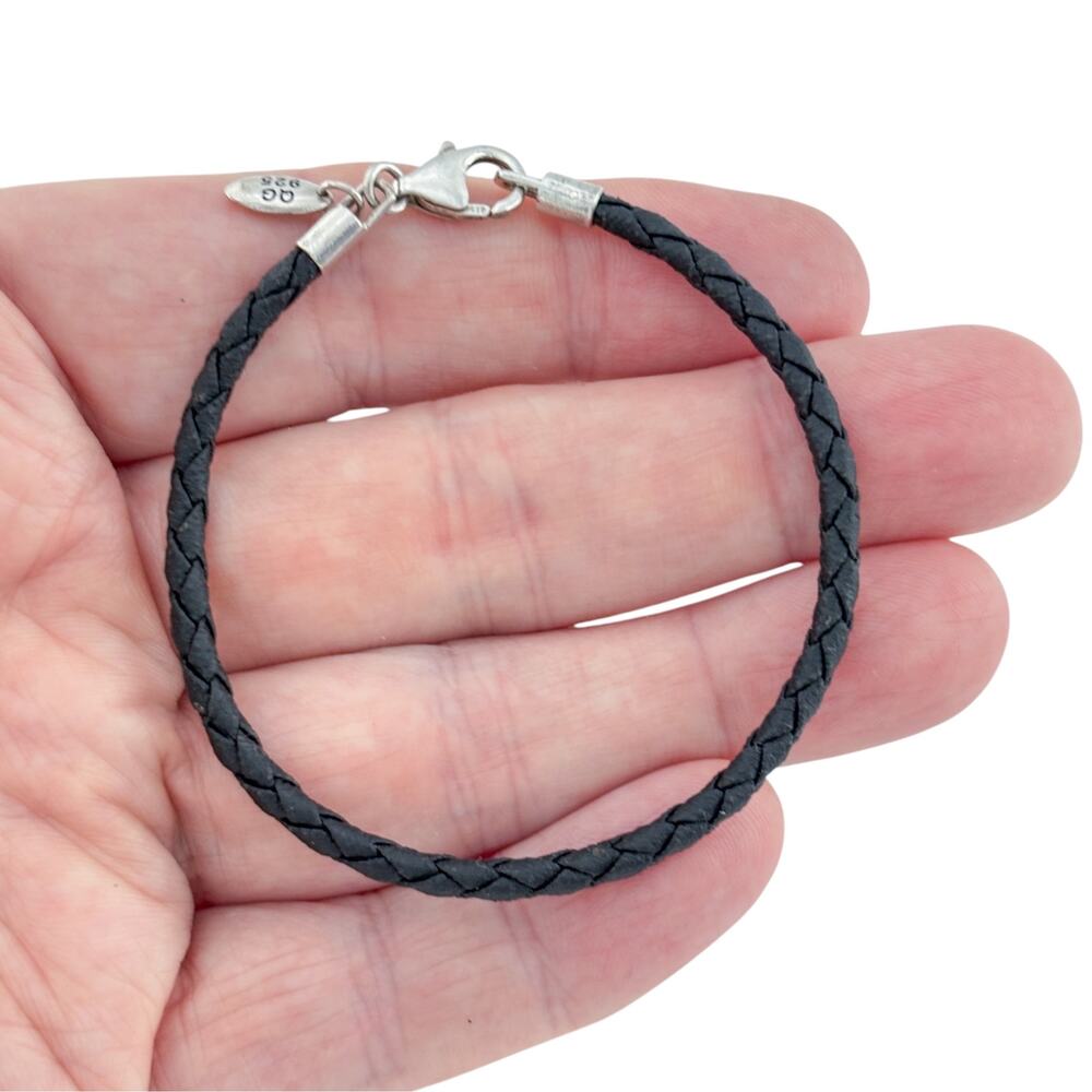 Vintage Sterling Silver 925 Black Leather Bracelet 7.25"